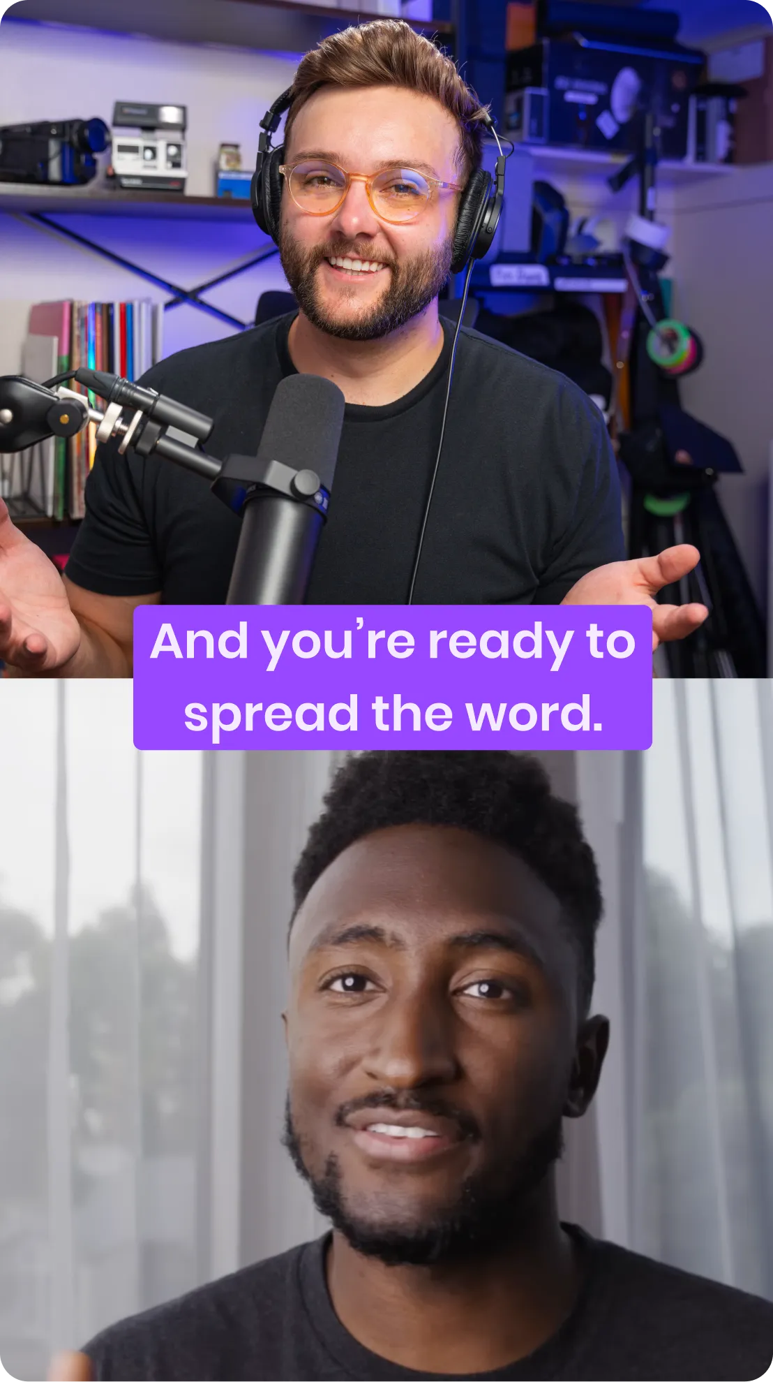 Two men smiling during a video recording: the top man wearing glasses and headphones speaking into a microphone, the bottom man in front of a window with sheer curtains.